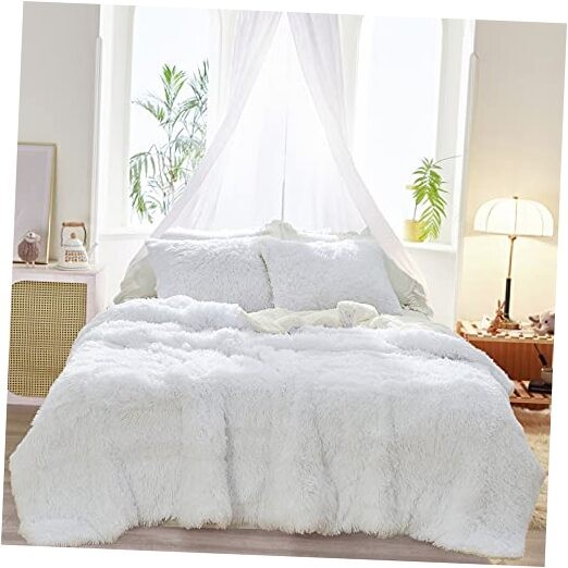  3-Piece Plush Shaggy Comforter Set, Full/Queen Size Queen (88"x88") Raw White