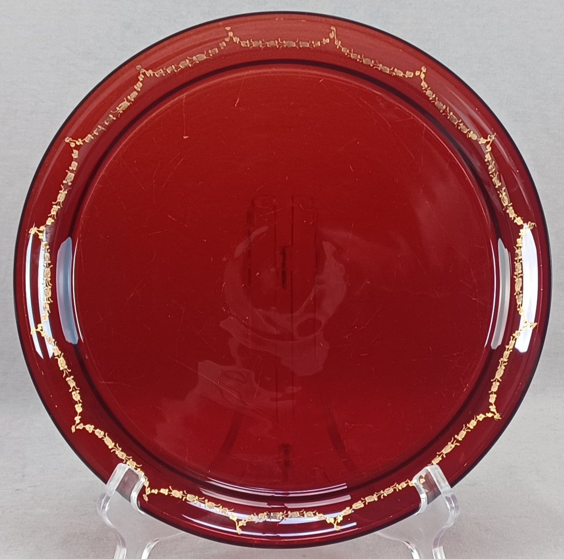 Late 19th Century Bohemian Engraved & Gilt Floral Ruby Stained 9 Inch Round Tray