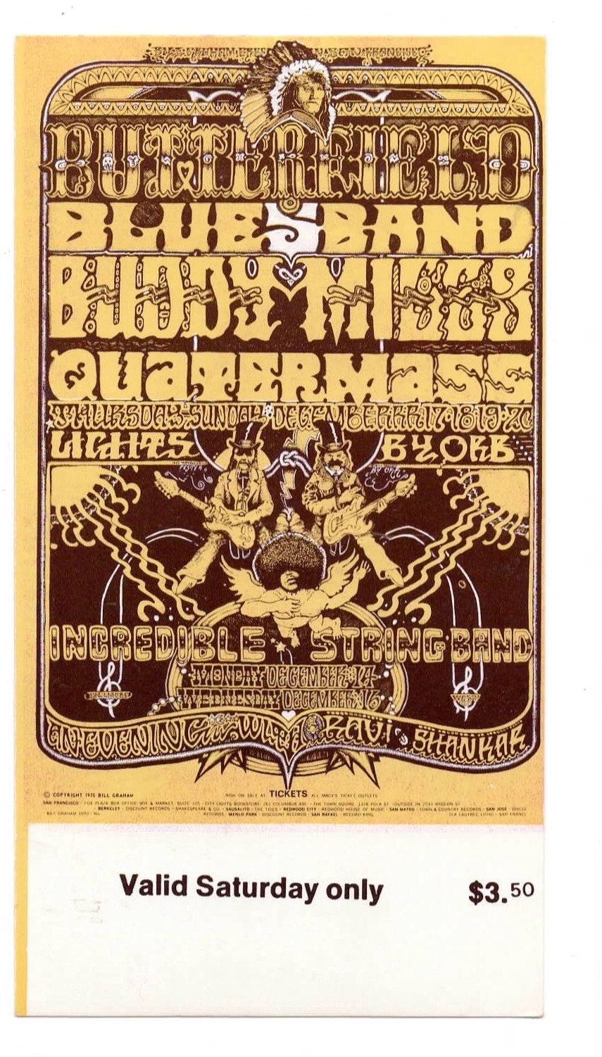 Original 1970 Bill Graham Ticket  Buddy Miles at the Fillmore 9+ Rare Back