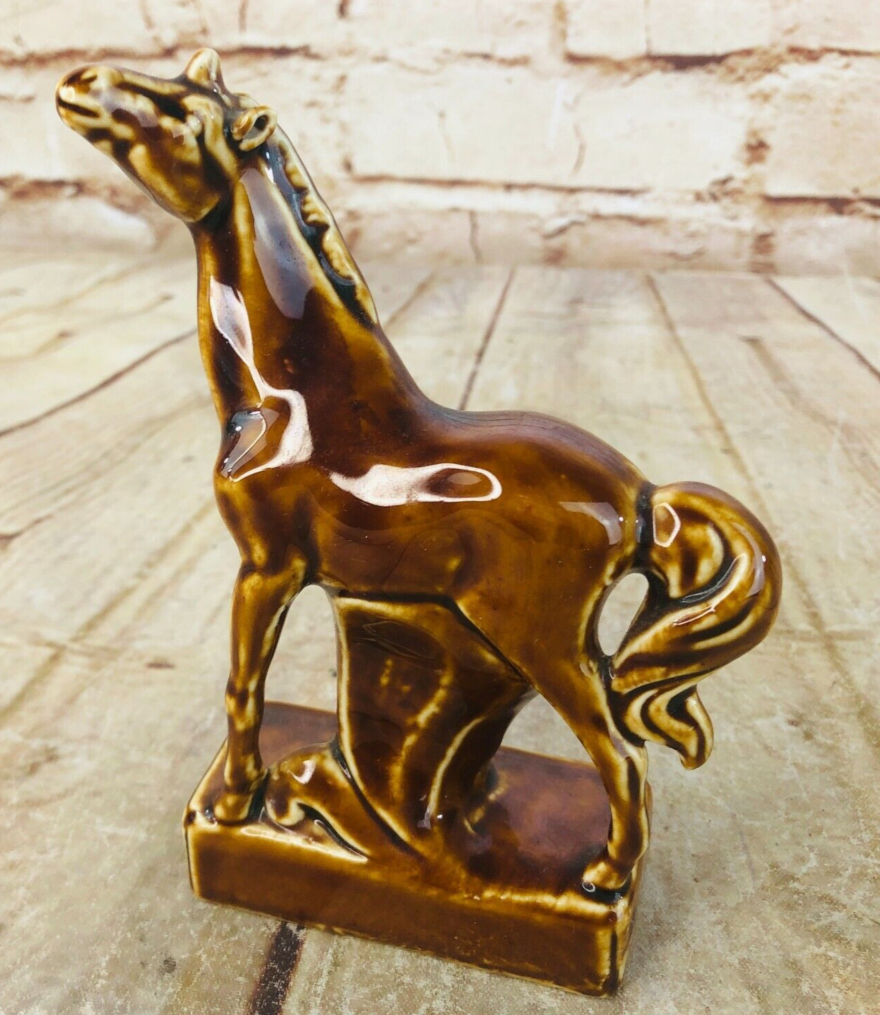 vtg horse unicorn  figurine Porcelian bisque glazed brown 5.5"H