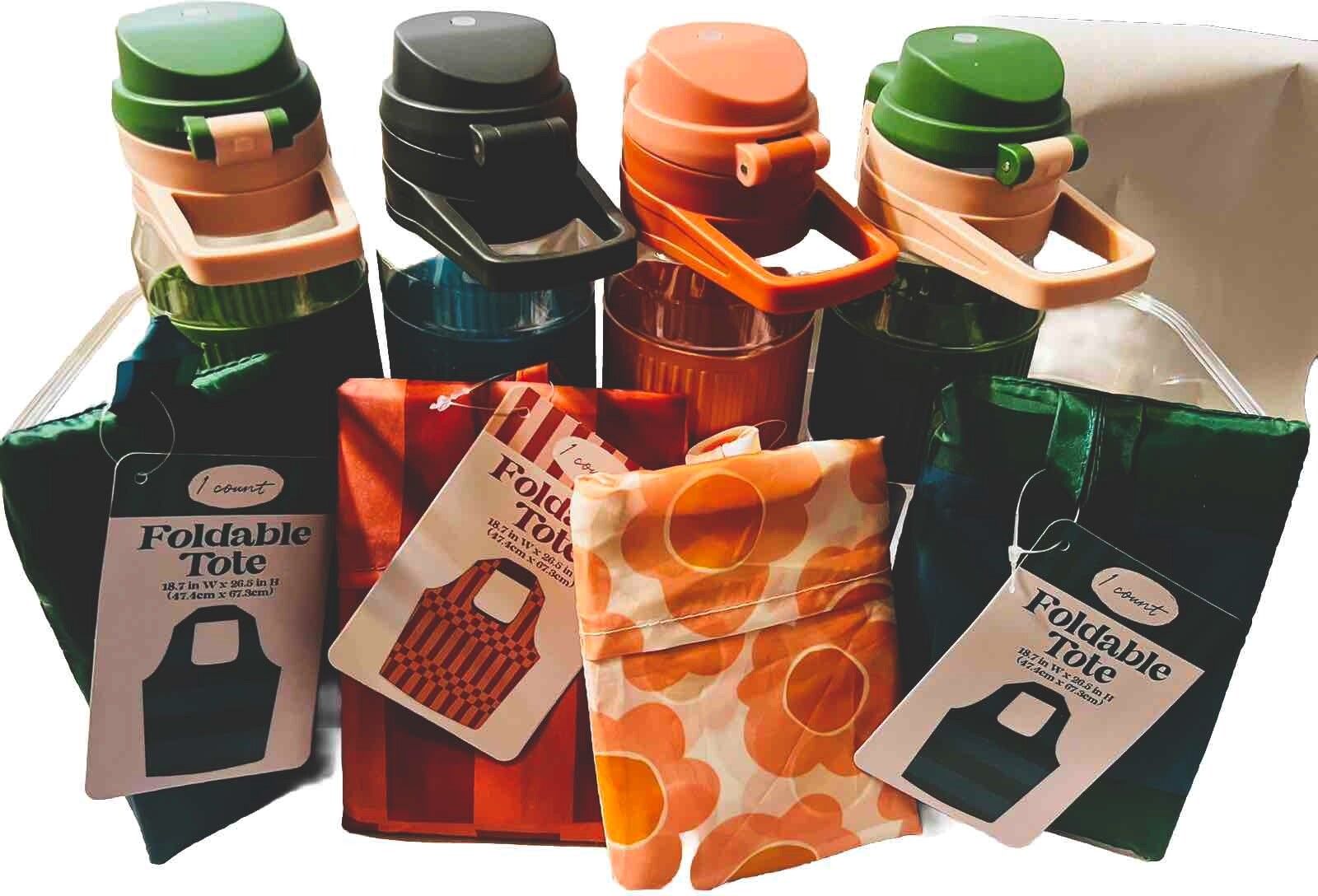 Travel Ready Reusable Water Bottle & Tote Bag Lot- 4 Bottles, 4 Totes