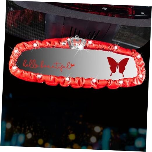  3 PCS Bling Bling Rearview Mirror Cover, Elastic PU Leather Auto Rear View Red