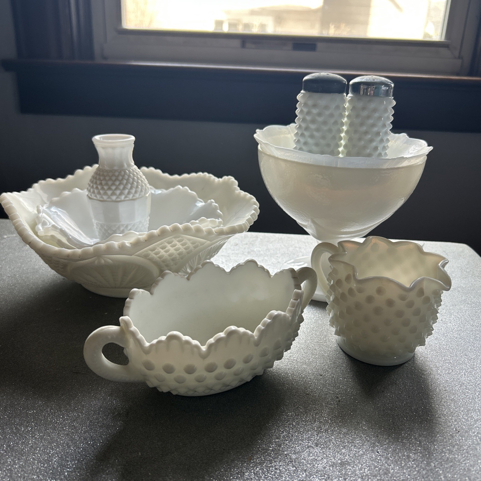 Lot Of Opalescent Hobnail And Various Milk White Glass Pieces