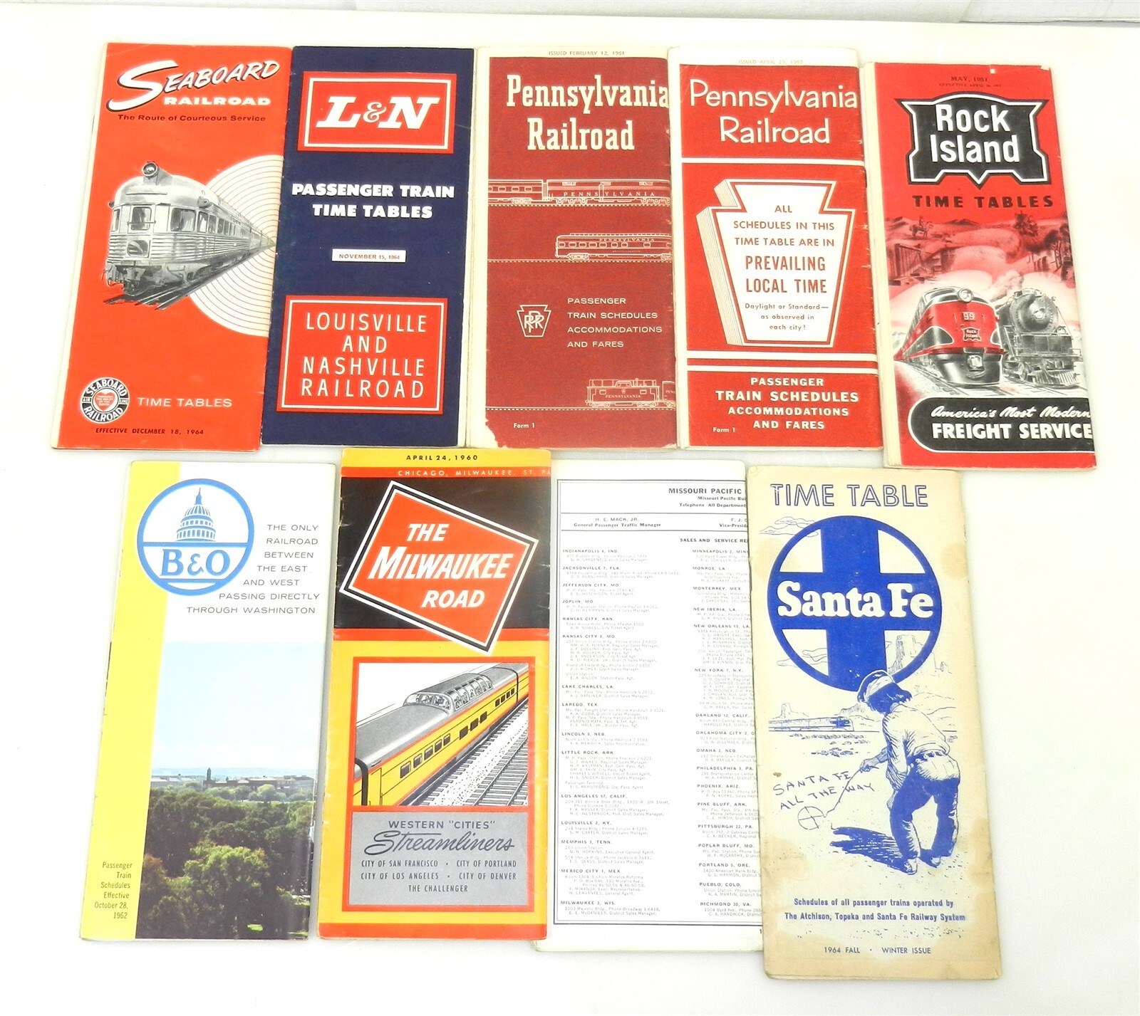 Set of 9 Railroad Timetables Baltimore & Ohio L&N Penn. Milwaukee VTG ~ T320