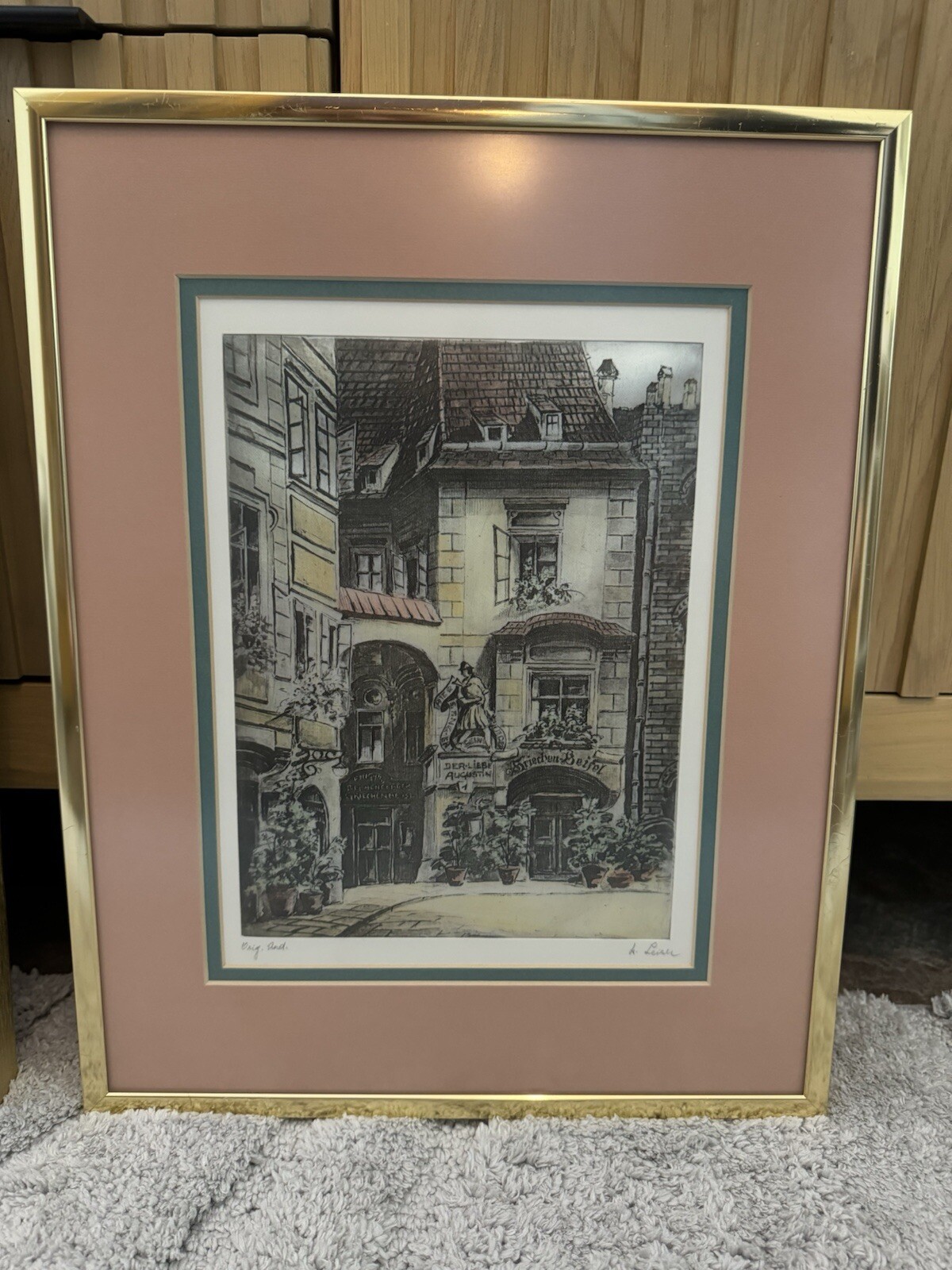 Vintage Print On Silk Der-Liebe Augustin Austria Framed Matted Signed 11x14”