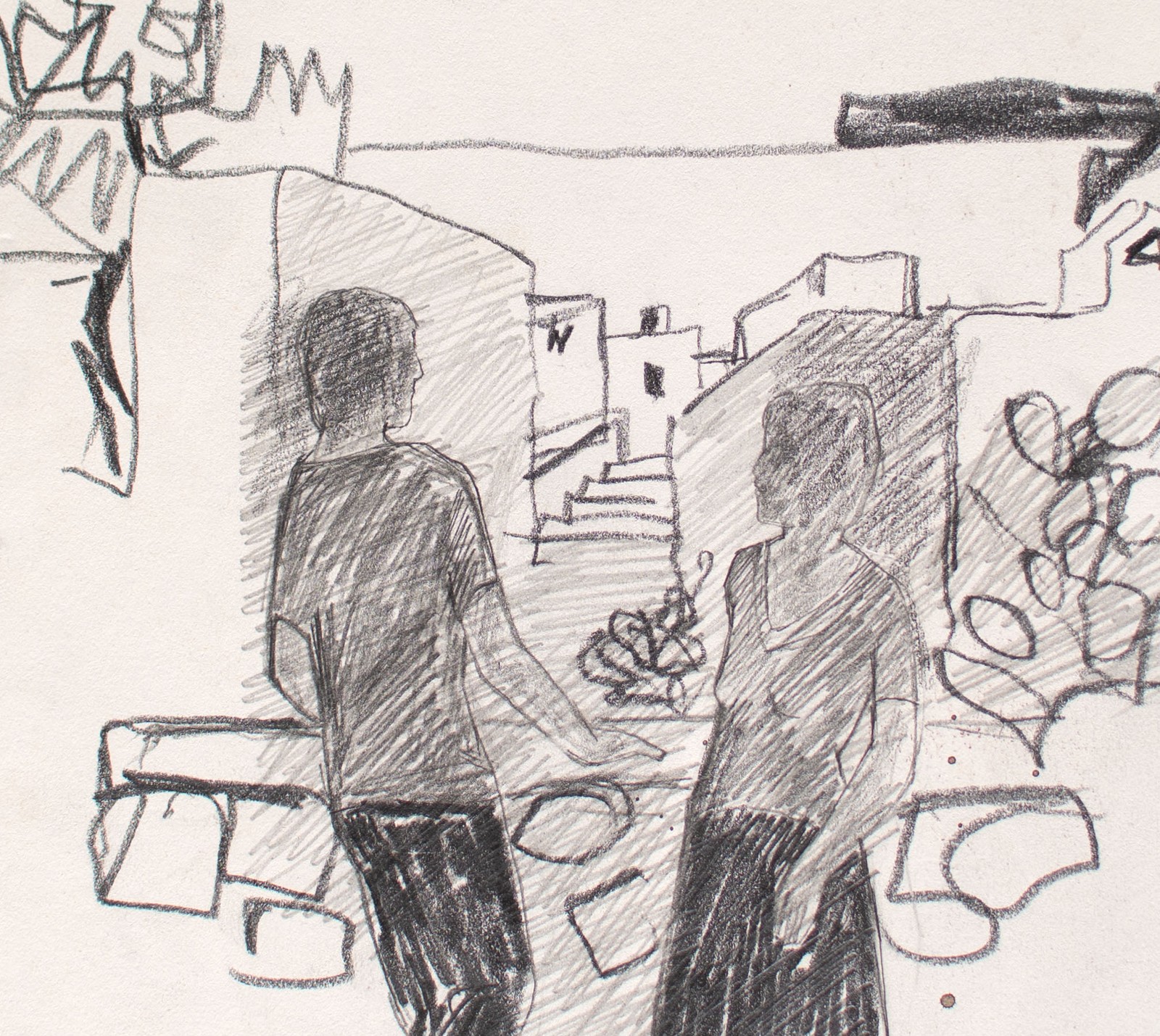 Ibiza Landscape People View illegible signed sketch drawing 1979