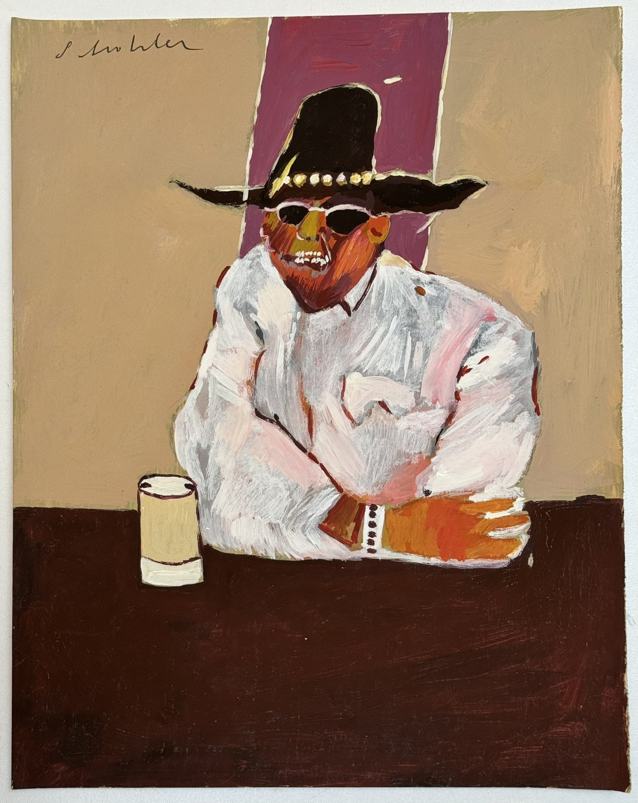 Fritz Scholder (Handmade) Drawing On old Paper Signed, Vtg Art