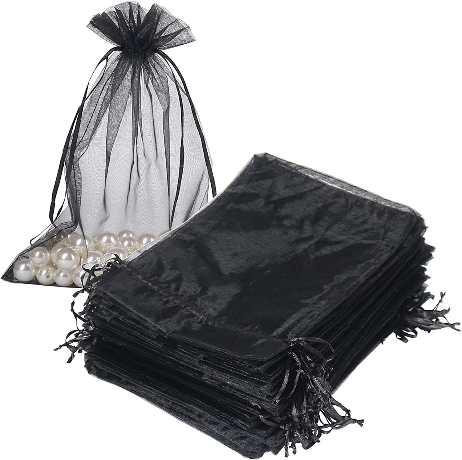 Black Organza Bags 6x9 inch 100pcs, Mesh Candy Bags Jewelry Gift Pouches Drawstr