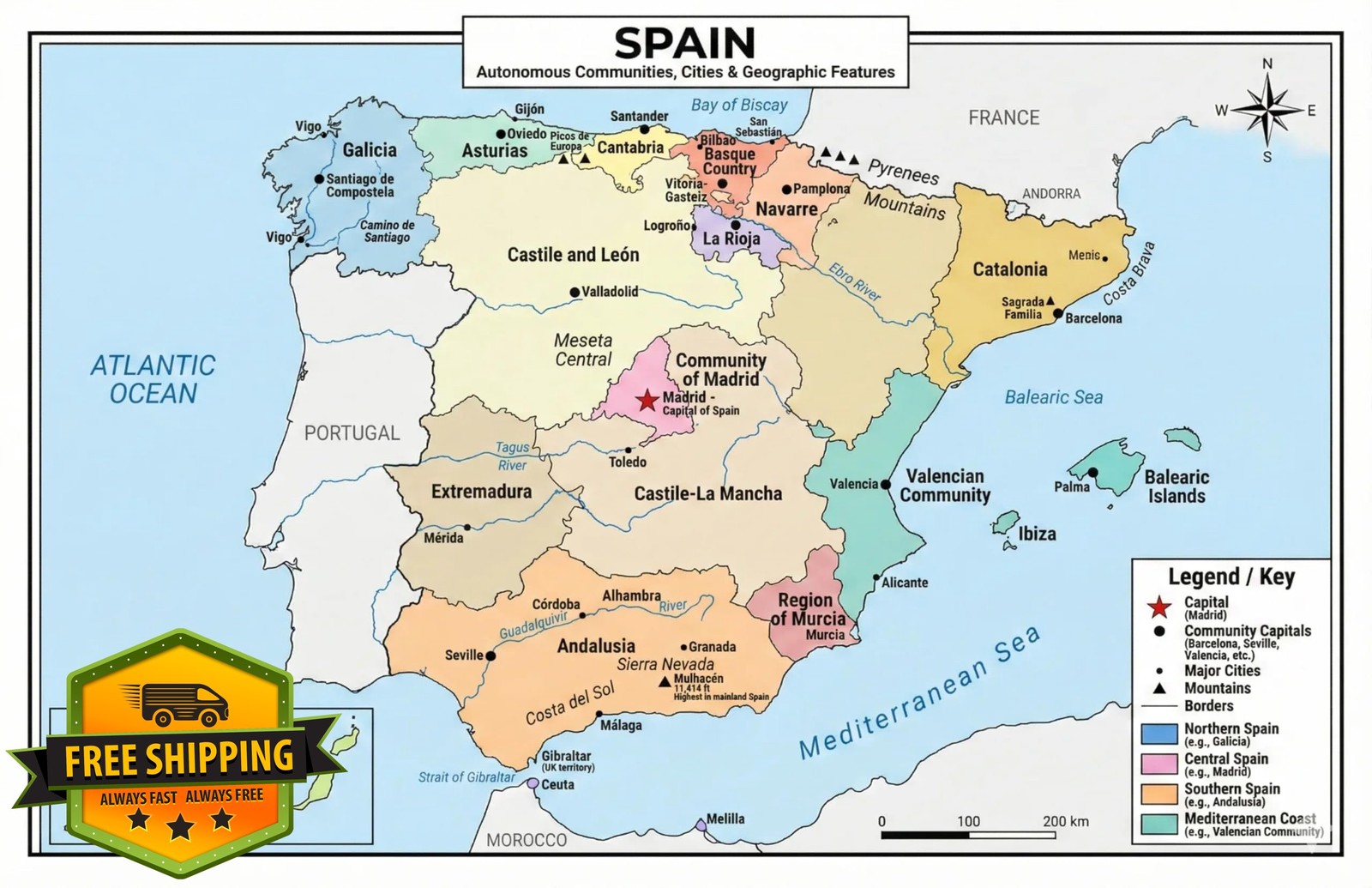 JELLY BEAN GENIUS Spain Map Poster 11x17 Laminated Chart