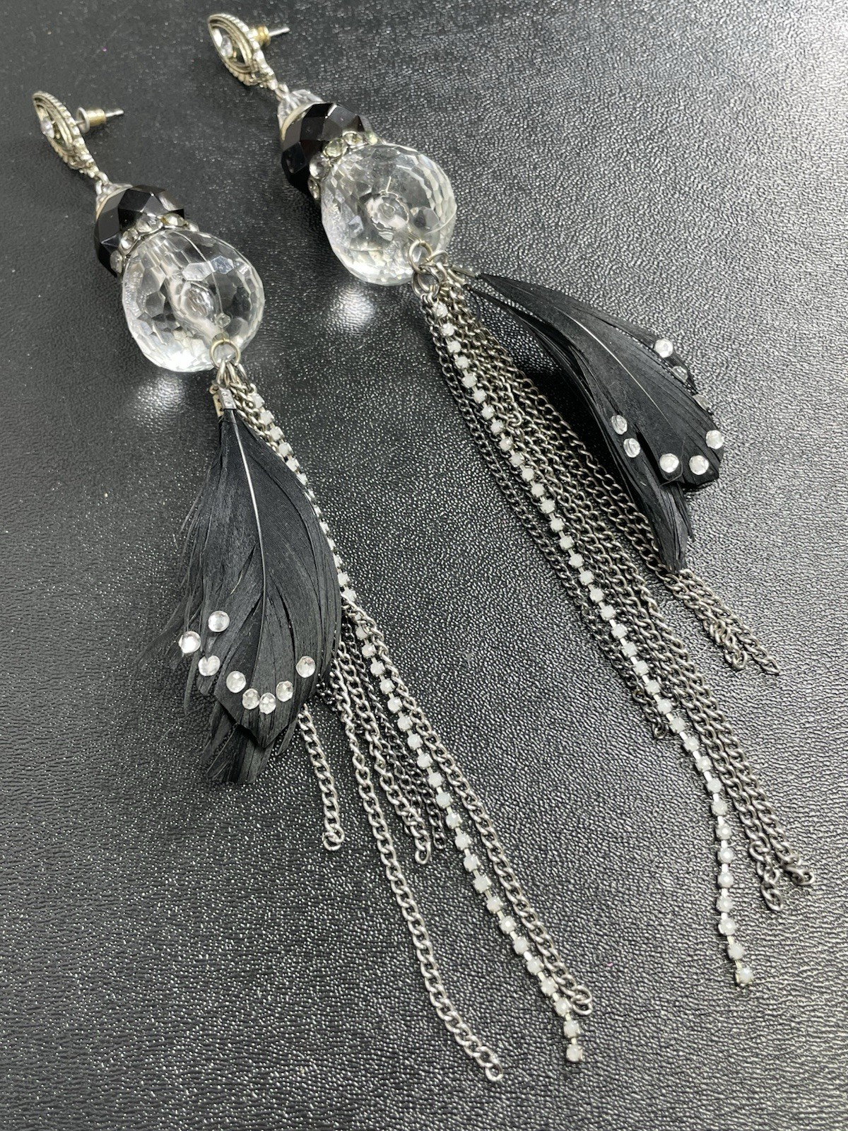 Vintage 8” Feather Chain Rhinestone Black Lucite Beaded Dangle Earrings