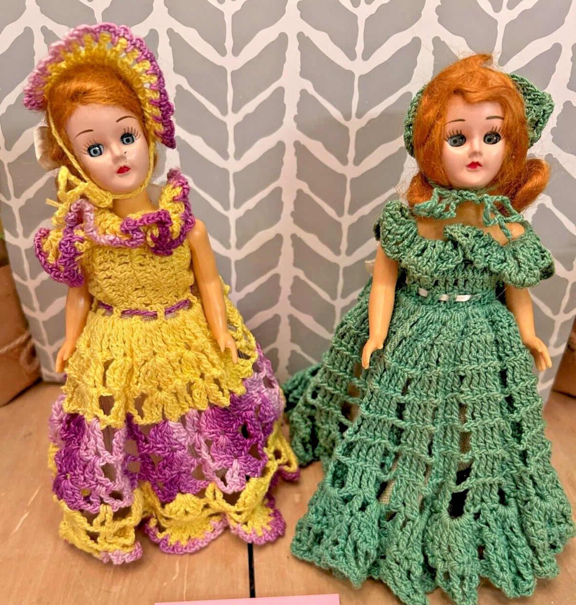 Lot Of 2 Vintage Plastic Rubberband Dolls w/crocheted Dress Sleepy Eye 7”T  GW32