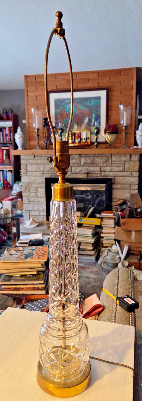 Vintage Signed Waterford Crystal Column Table Lamp Brass Trim