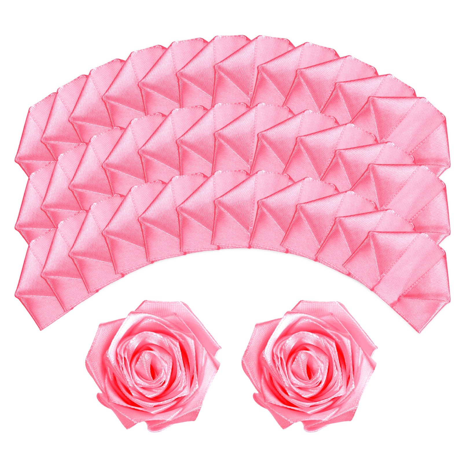 100pcs Eternal Roses Petals, Premade Satin Ribbon Flowers, Peach Red