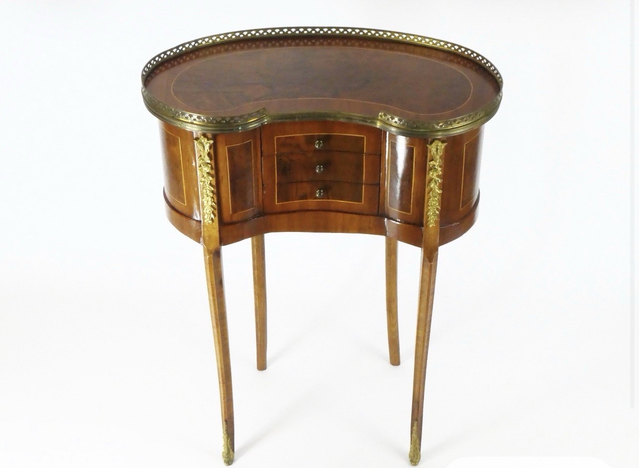 Antique Kidney-Shaped Wood Table with Brass Carvings and 3 Drawers Storage