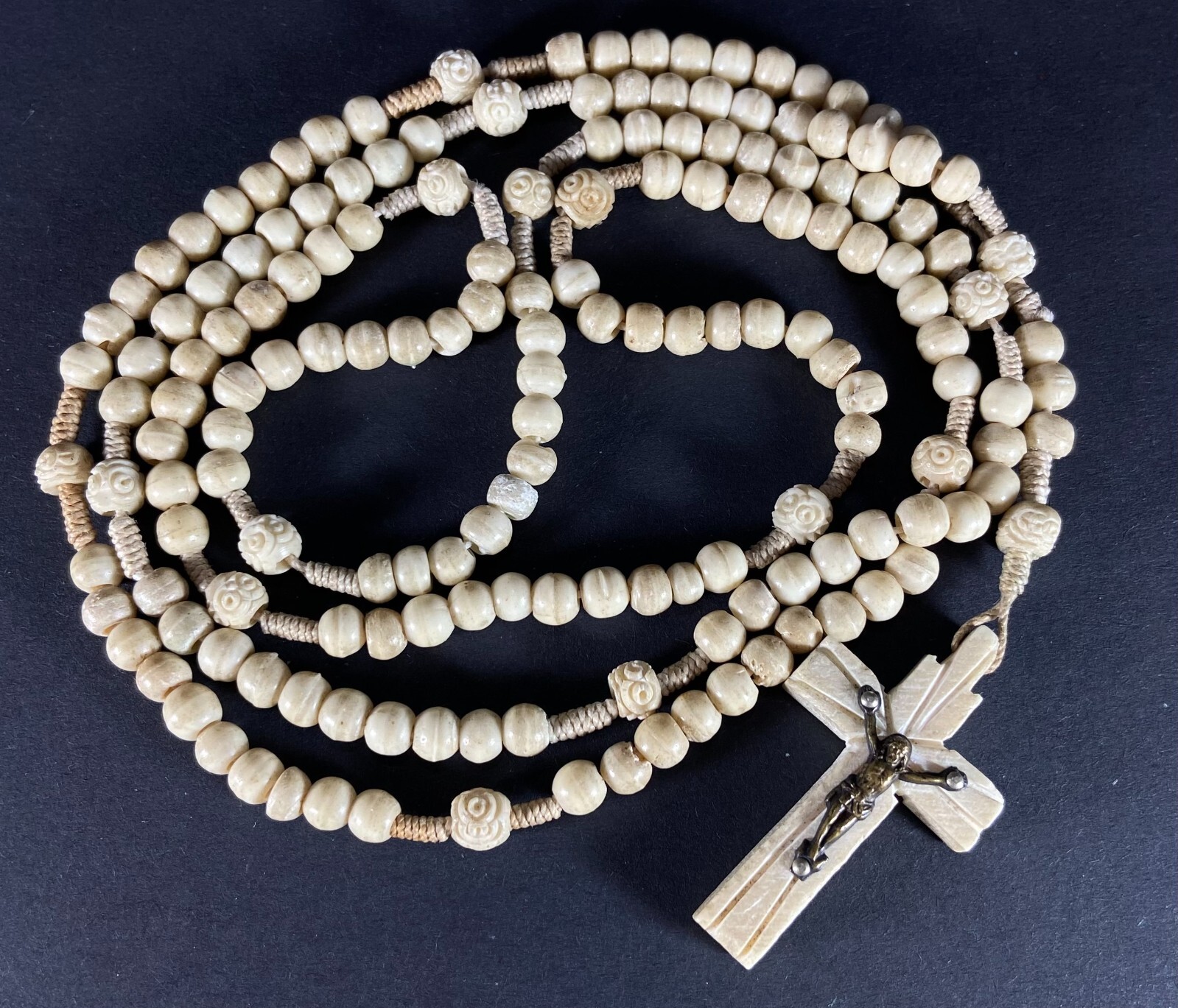 Vintage Catholic Rosary Natural Beads Carved Cross Religious Prayer