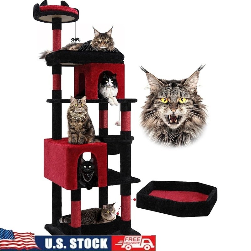 Medieval Castle Cat Tree W/ Large Platform Multi-Level Condos & Unique Pet Bed