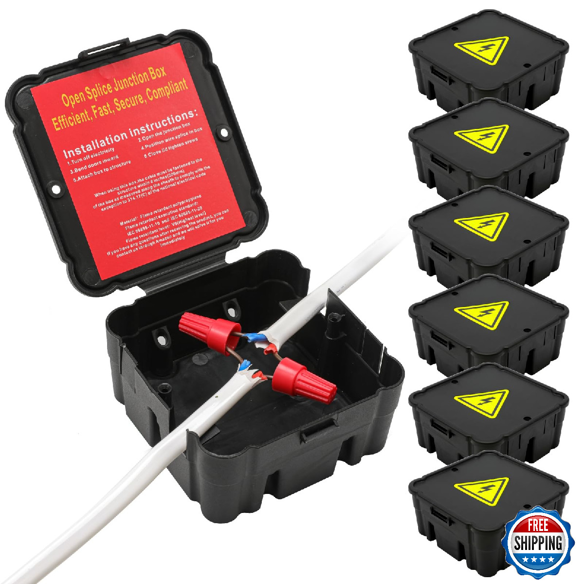 Black Open Splice Junction Box 6 Pack - Repair Open Splices, 5 Sec Installation