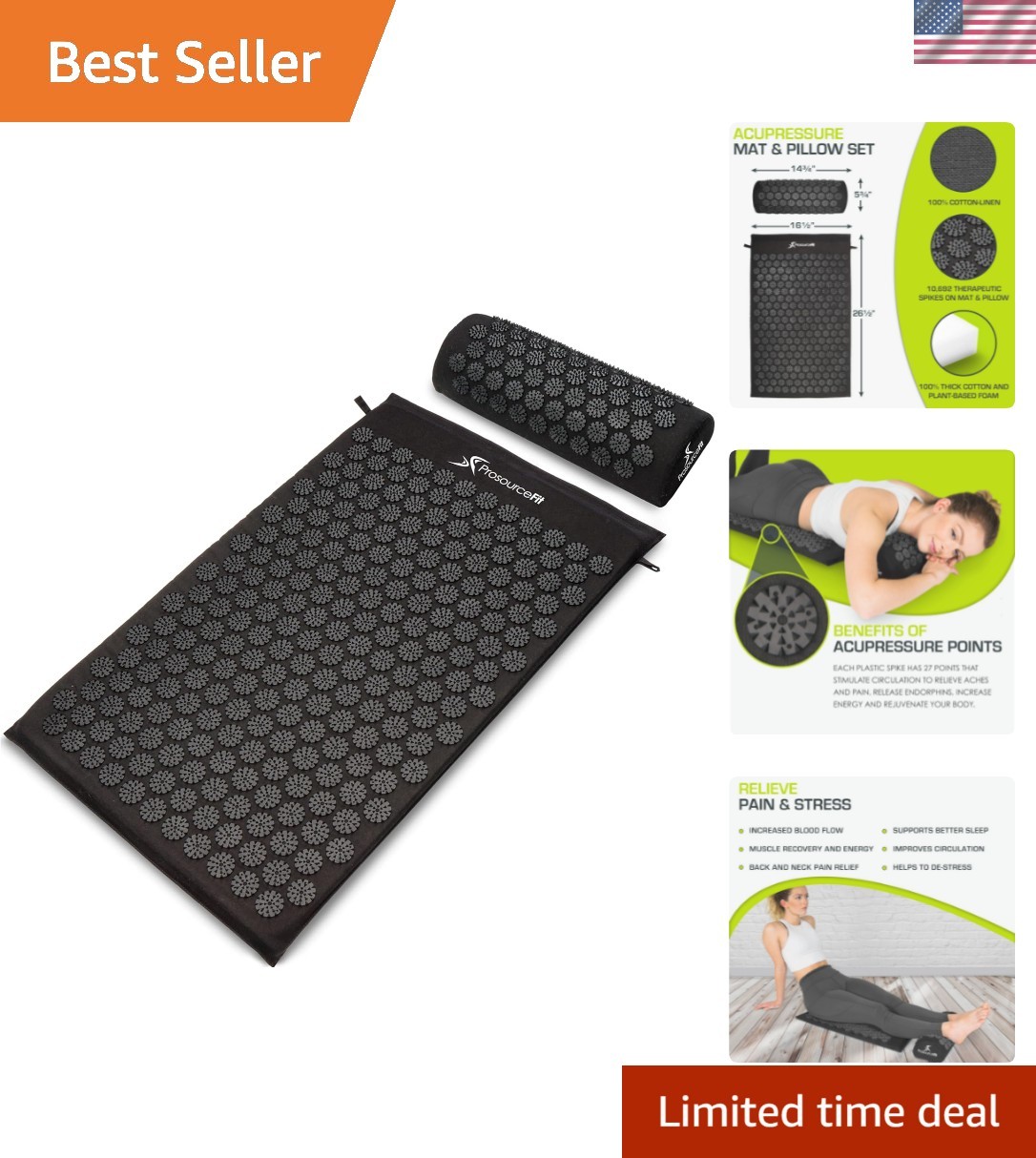 Acupressure Mat and Pillow Set for Back/Neck Pain Relief and Muscle Relaxation