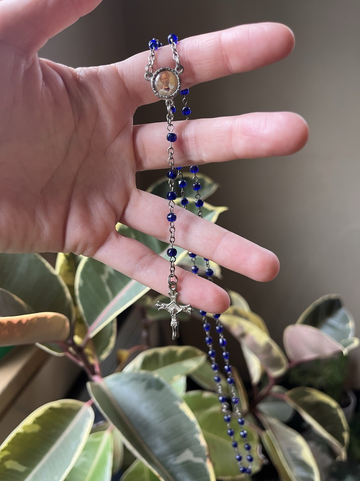 Vintage Blue Beaded Glass Rosary Catholic Prayer Christian Silver Tone