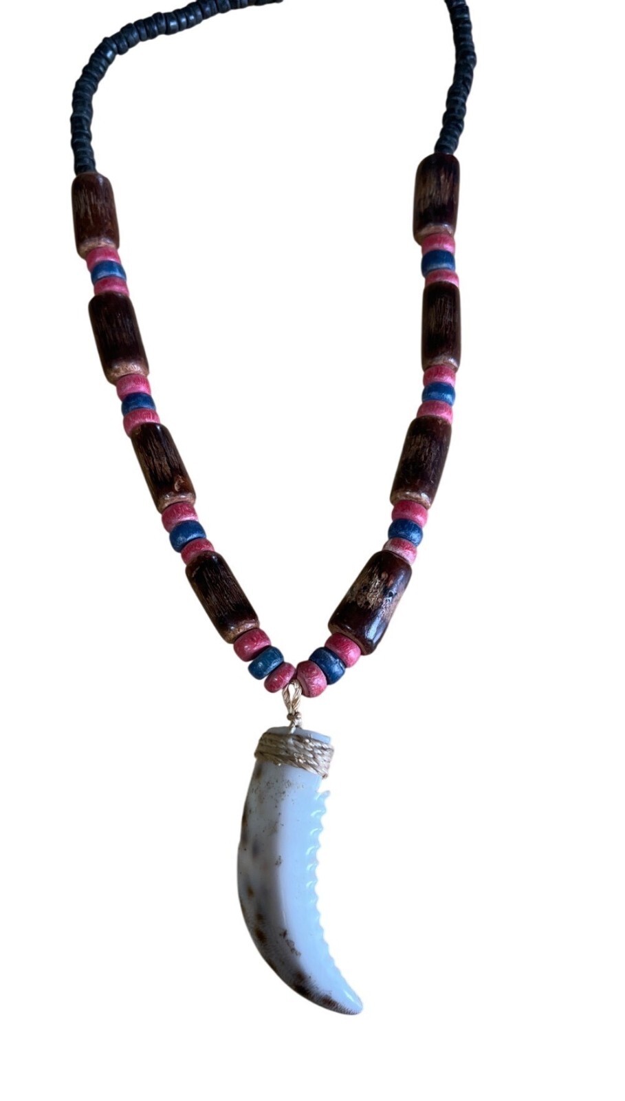 Handcrafted Wooden Beads Necklace Faux Tooth Pendant Beach Boho Statement Tribal