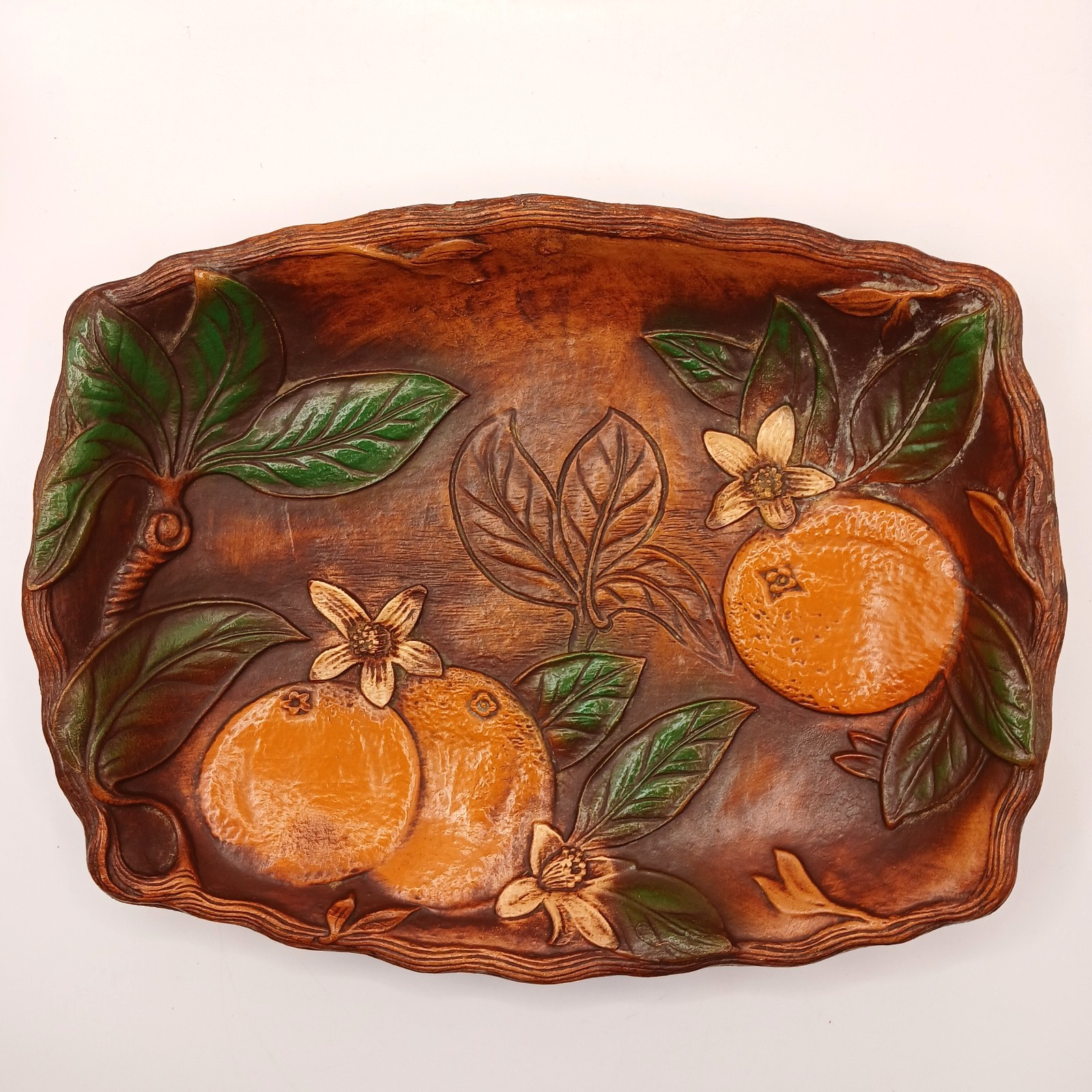 Vtg Faux Carved Wood Serving Tray Oranges MCM Retro Dark Brown Green Orange 10x8