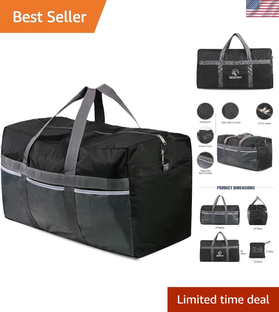 Foldable Travel Bag, Large Sports Bag, 75L/96L/100L, Lightweight Waterproof T...