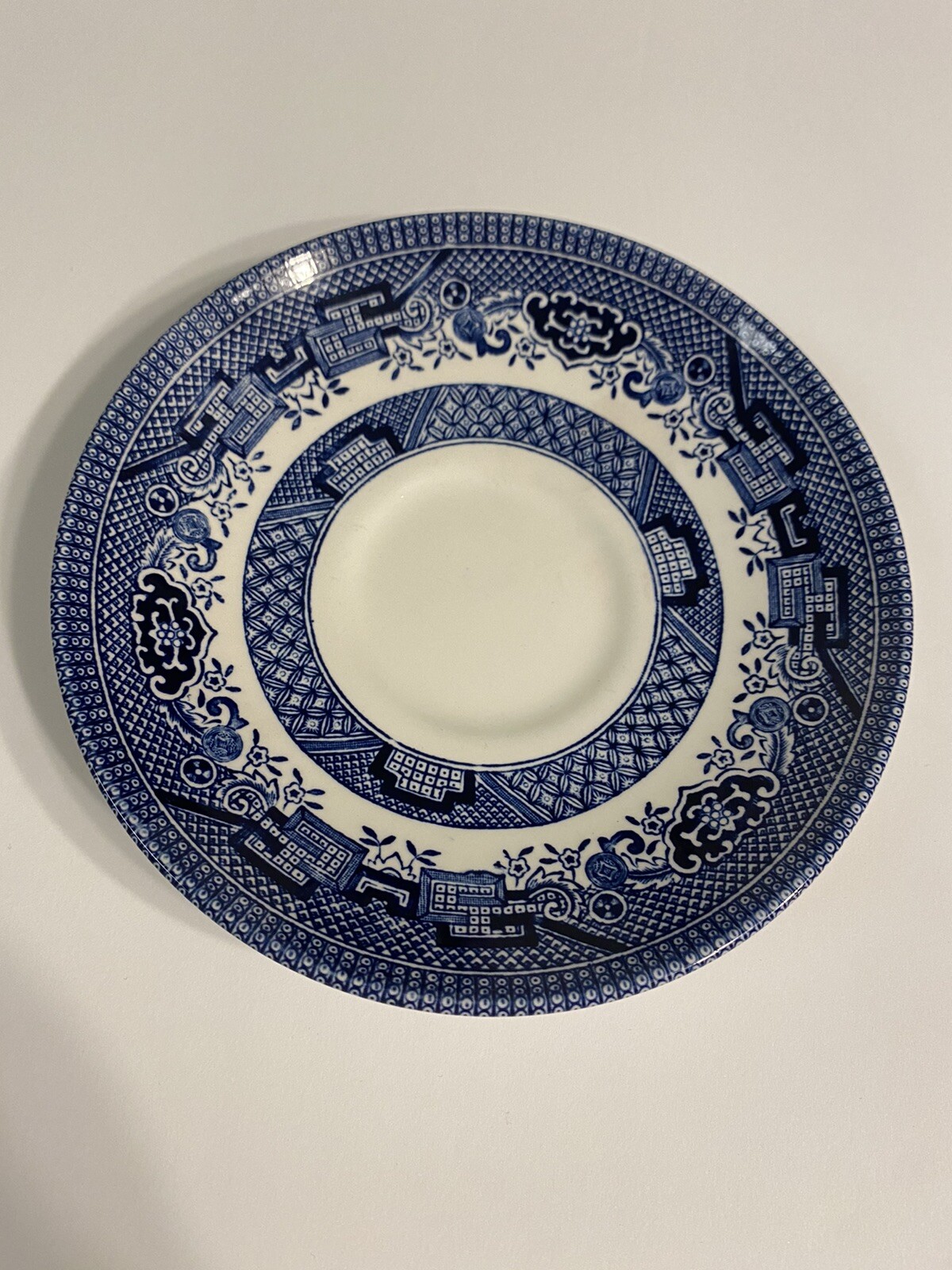 6 BLUE WILLOW, STAMPED CHURCHILL ENGLAND, MADE IN ENGLAND 5.5” SAUCERS