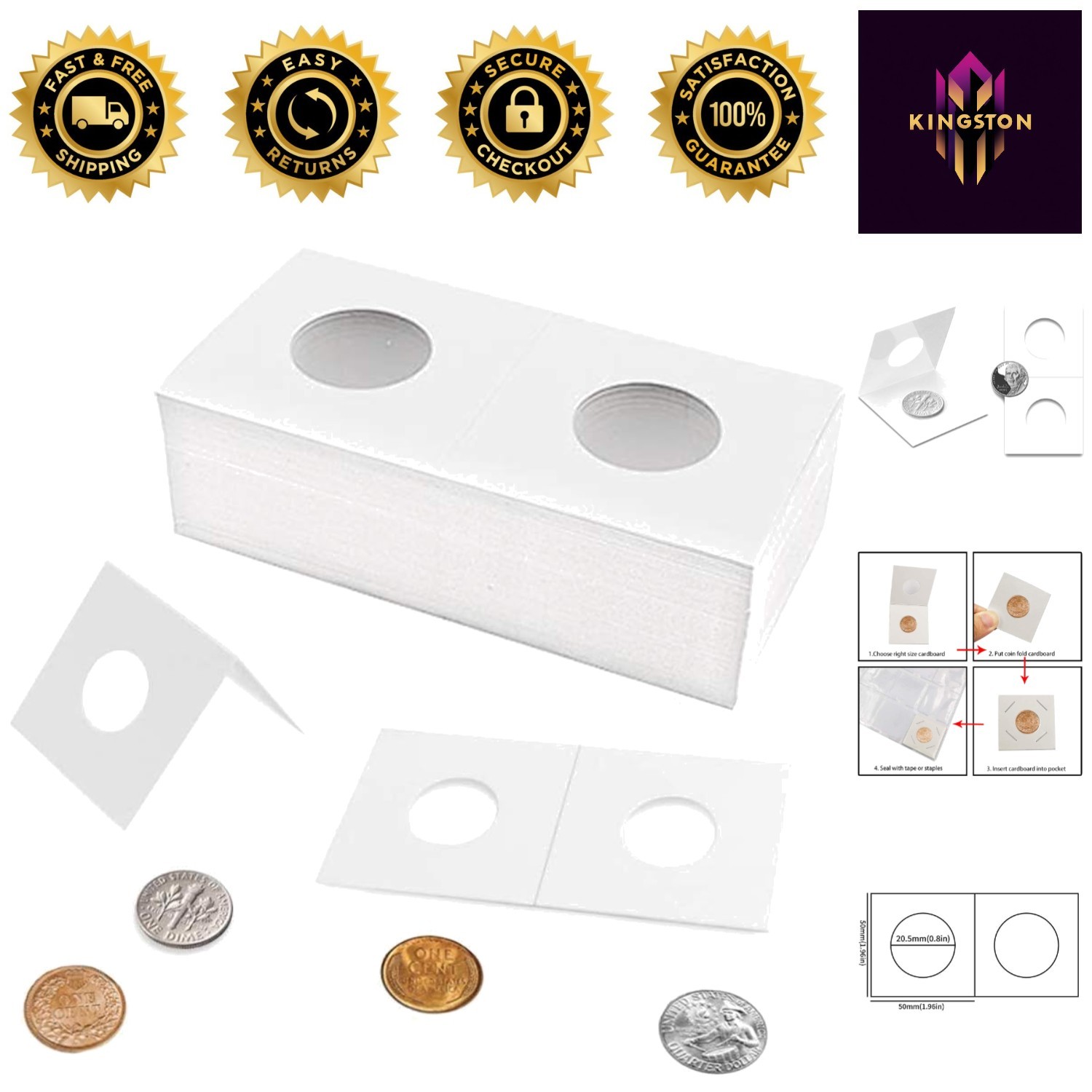 Waterproof Coin Flips - 50 Cardboard Holders for Pennies, 20.5mm Display