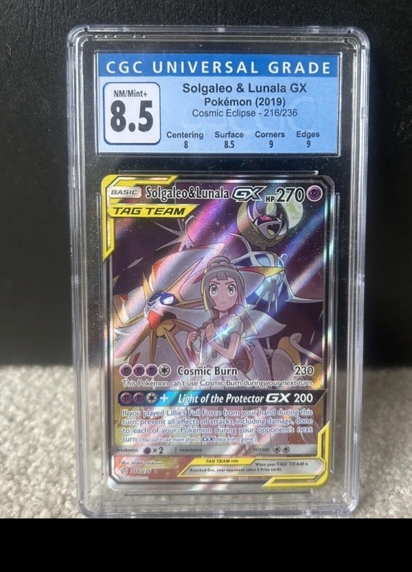 2019 Solgaleo & Lunala GX 216/236 Cosmic Eclipse Tag Team CGC 8.5 BLUE LABEL