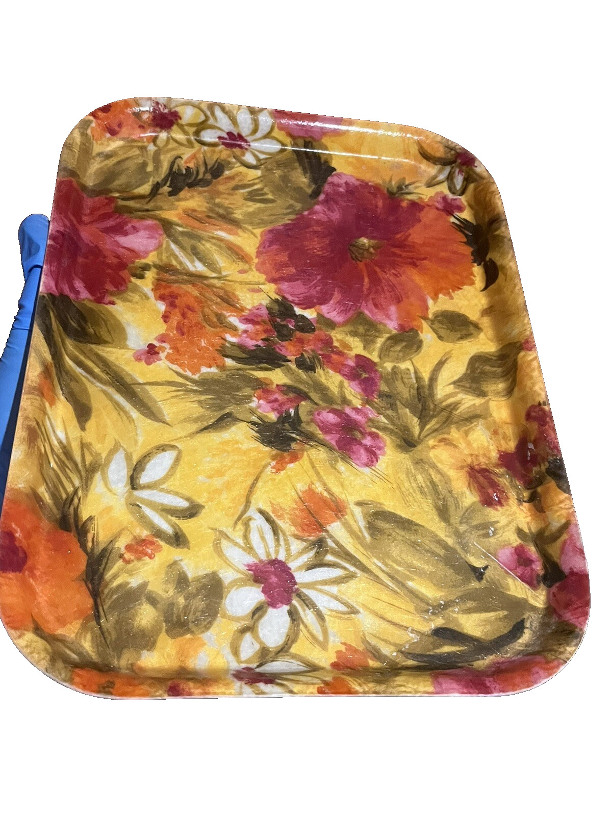MCM Mid Century Vintage Fiberglass Floral Tray RETRO Traymold Pink Yellow Orange