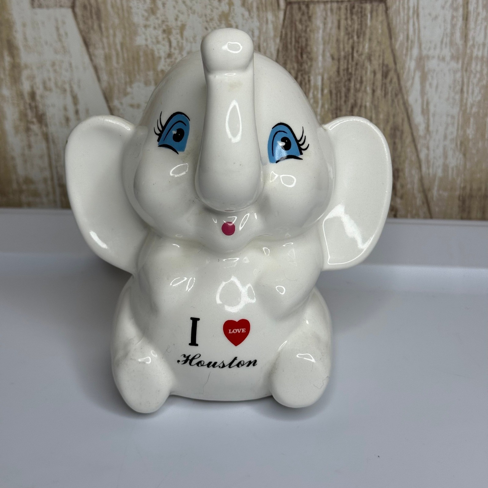 Vintage Ceramic "I Love Houston" Elephant Coin Bank Blue Eyes