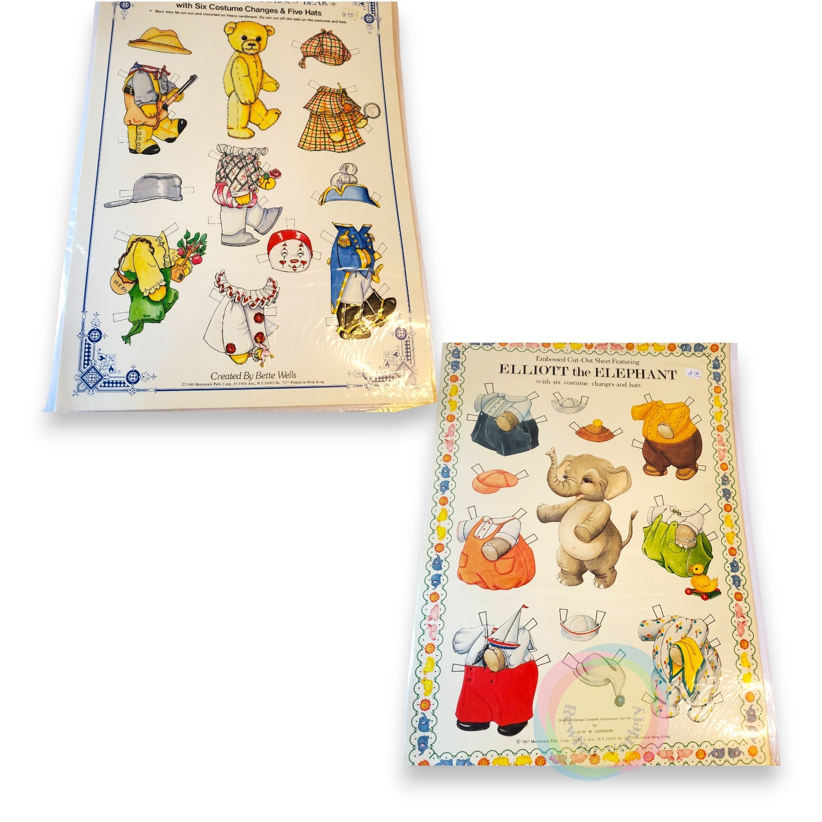 Lot 2 VTG Merrimack Paper Dolls Burt Bear Elliot Elephant Embossed Sealed New