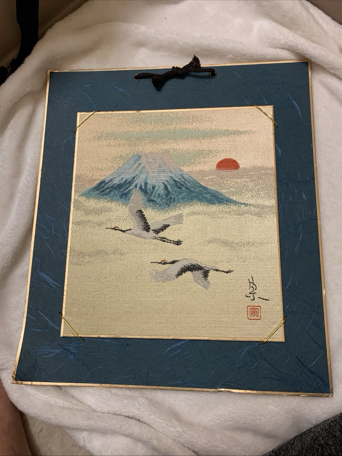 Japanese Silk Art Mount Fuji Tapestry  Embroidery Signed & COA Japaneselanguage 