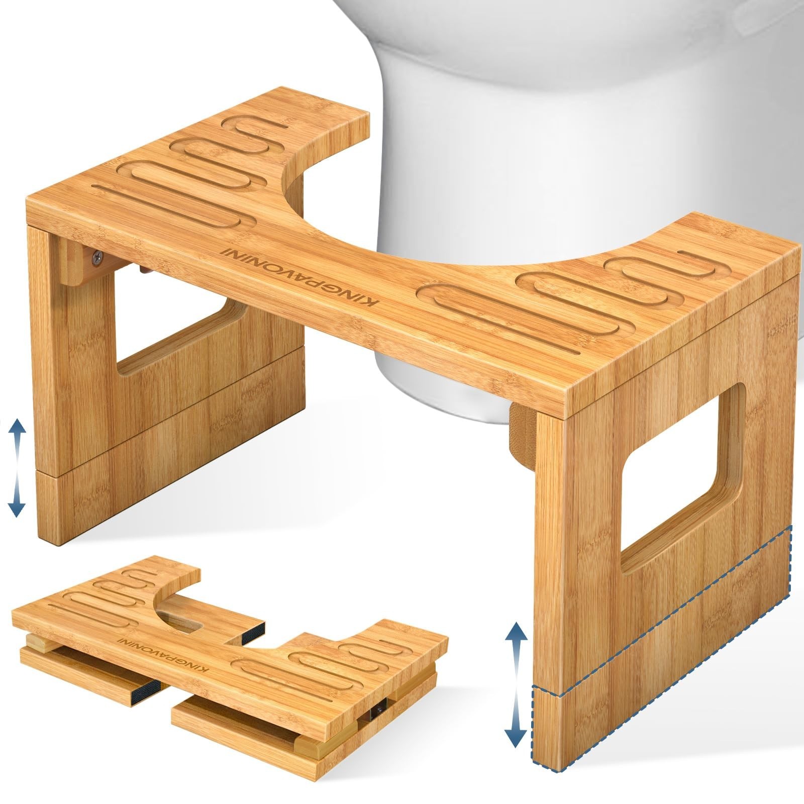 Adjustable Bamboo Toilet Stool - 7in & 9in Heights, Foldable Potty Stool, Non-Sl