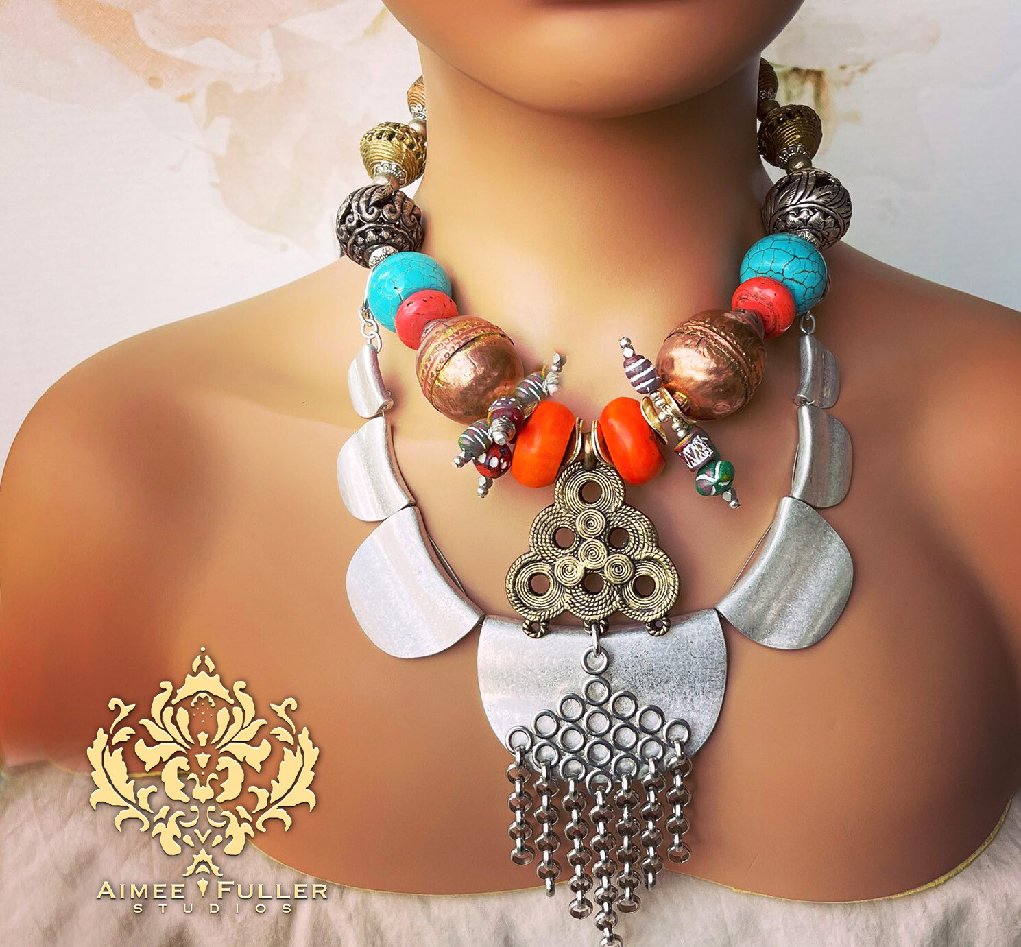 XL African Statement Necklace Turquoise Sterling Silver Old Batik Orange Bone 