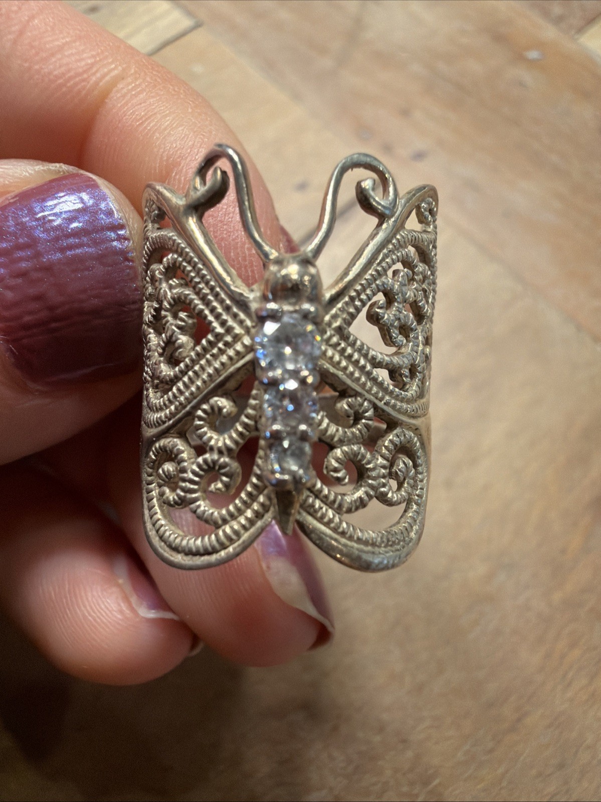 Vintage Sterling Silver 925 Wide Cubic Zirconia Butterfly Ring Size 6.5