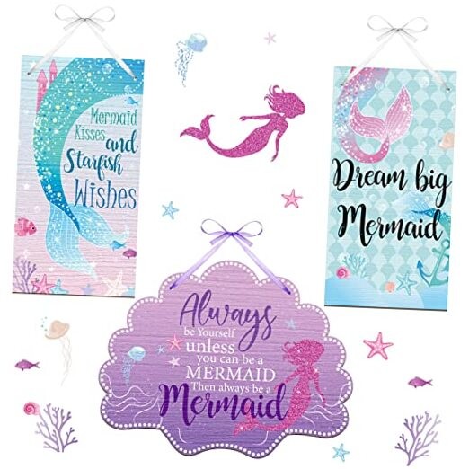  3 Pcs Mermaid Room Decor, Mermaid Wall Decor Set for Bathroom Bedroom Sea 