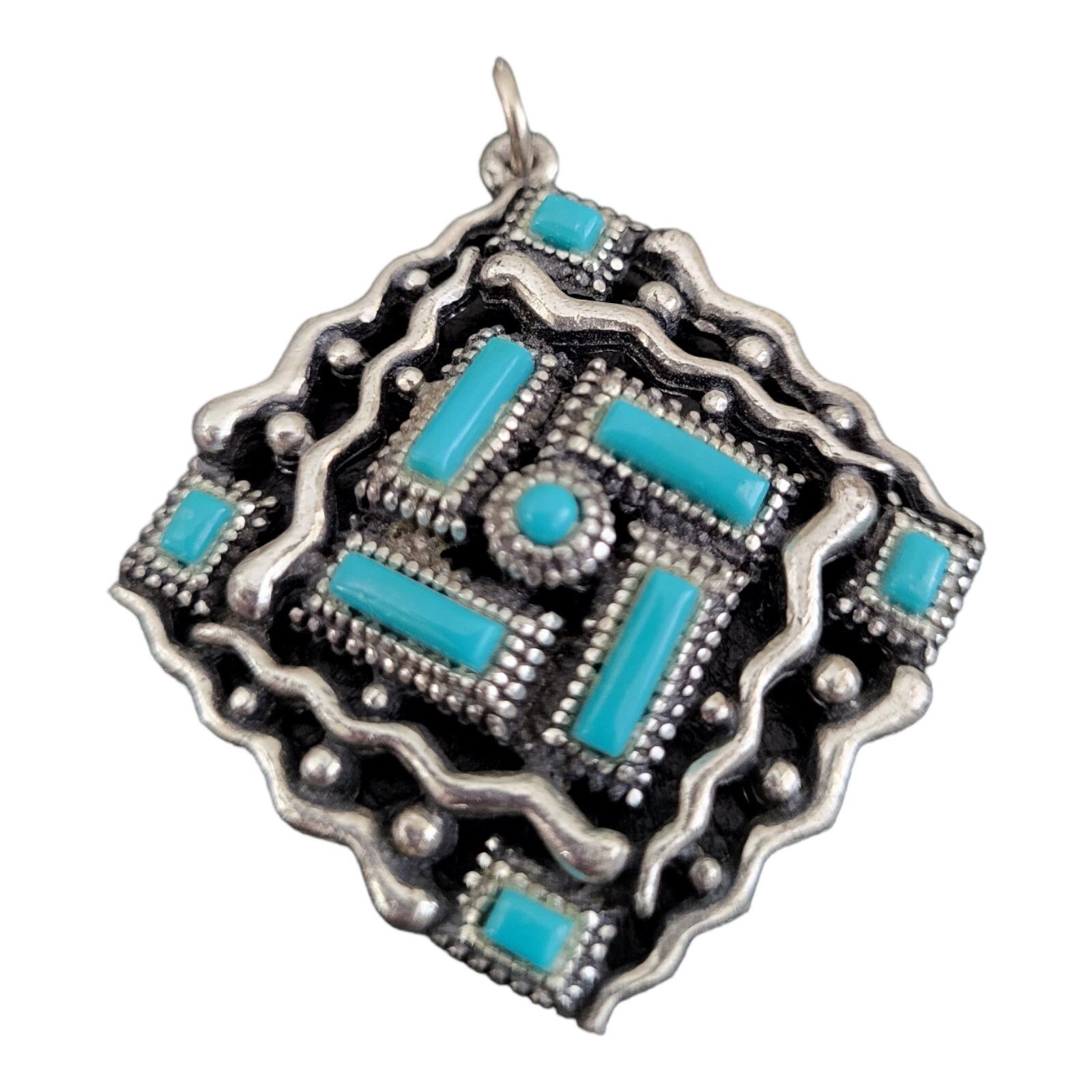 Vintage NYT Signed Faux Turquoise Pendant Silver-Tone 
