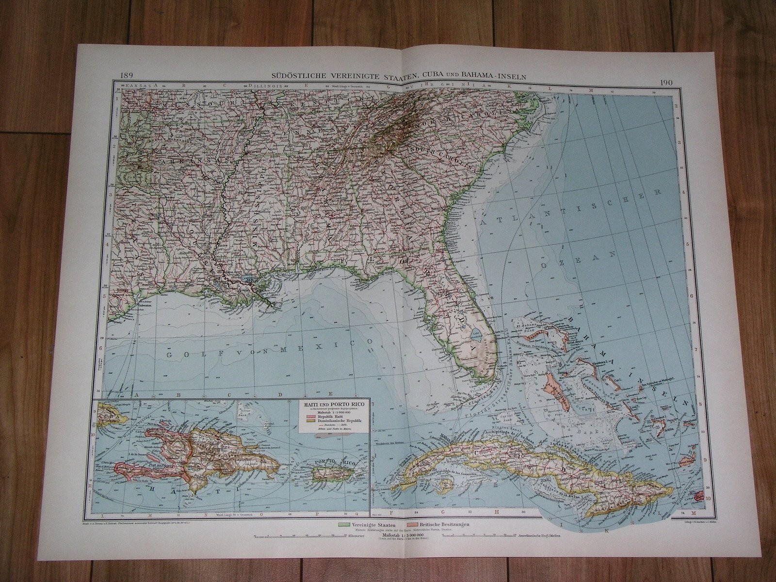 1910 ANTIQUE MAP OF FLORIDA BAHAMAS PUERTO RIC0 CUBA LOUISIANA DOMINICANA