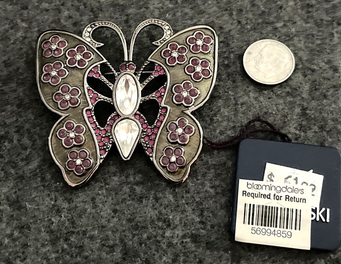 Mint SWAROVSKI Pave Crystal Swan Signed Butterfly Gunmetal Pin Brooch NWT