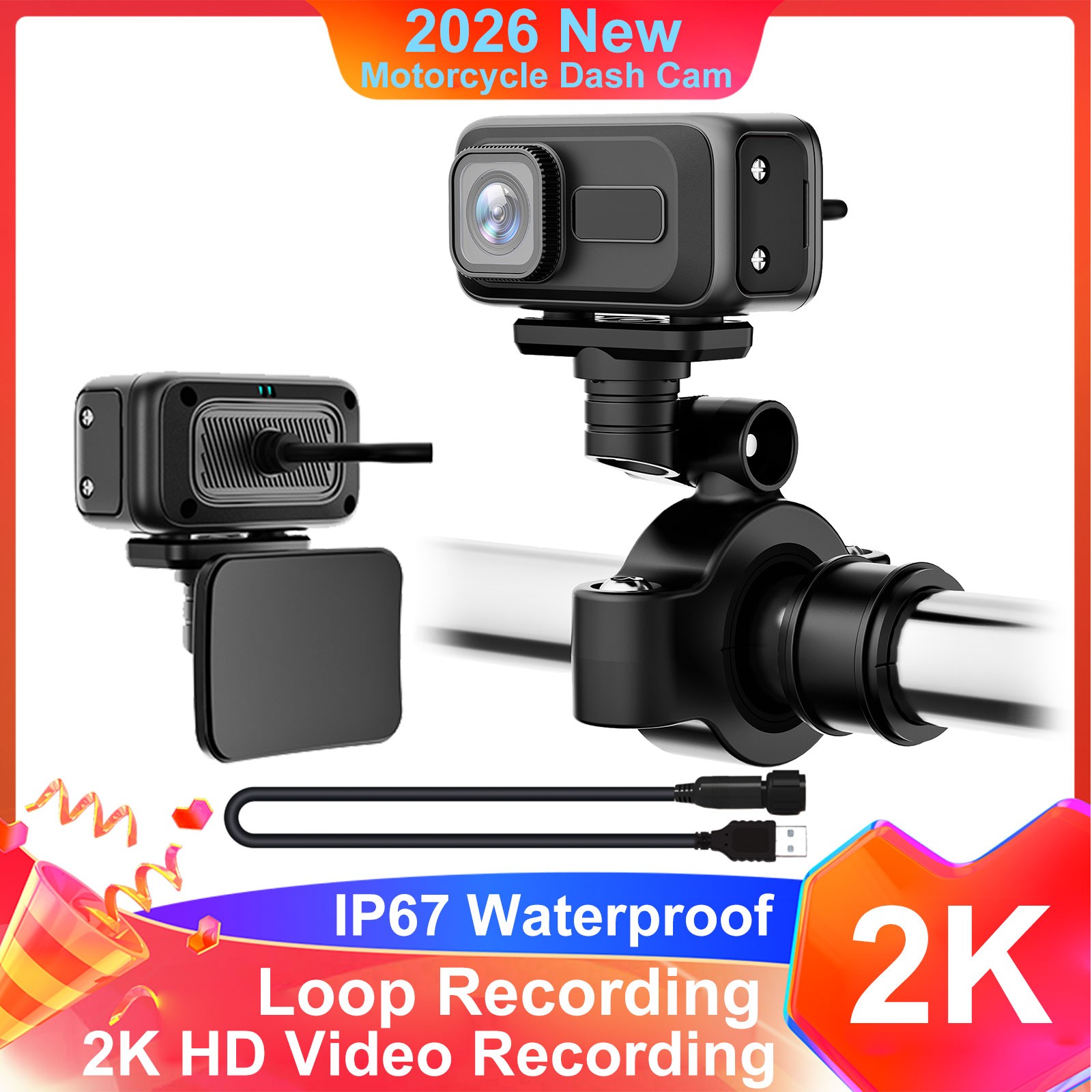 Motorcycle Bicycle Recorder 2K HD 140° Wide Angle WiFi 64GB SD Card 3 Brackets