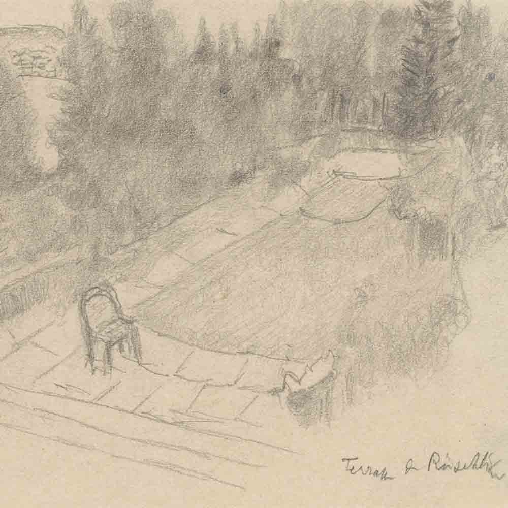 Thérèse Guilland Terrace in Rüschlikon Unsigned Pencil Drawing 1920s