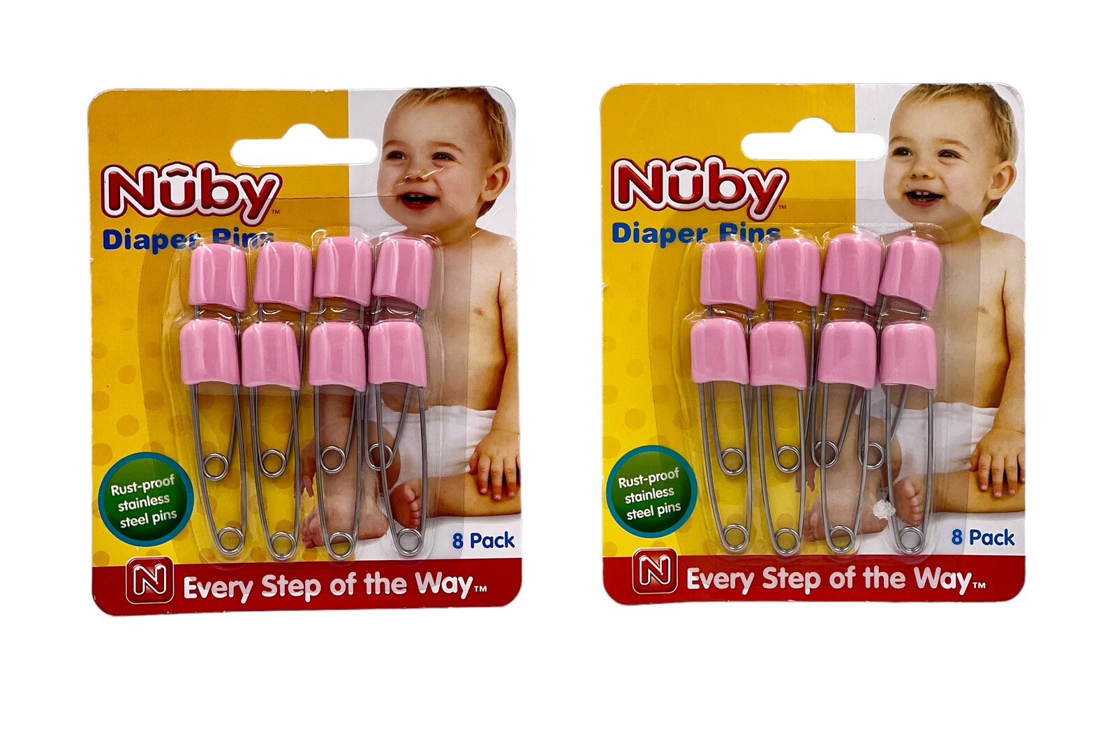 2 Nuby 8 Pack Pink Stainless Steel Diaper Pins Safety Lock Rust Proof 16 Total