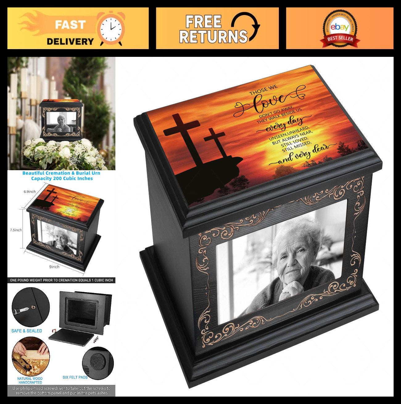 Cremation Urns for Adult Ashes, Wooden Memorial Box with Photo Frame, Burial Urn