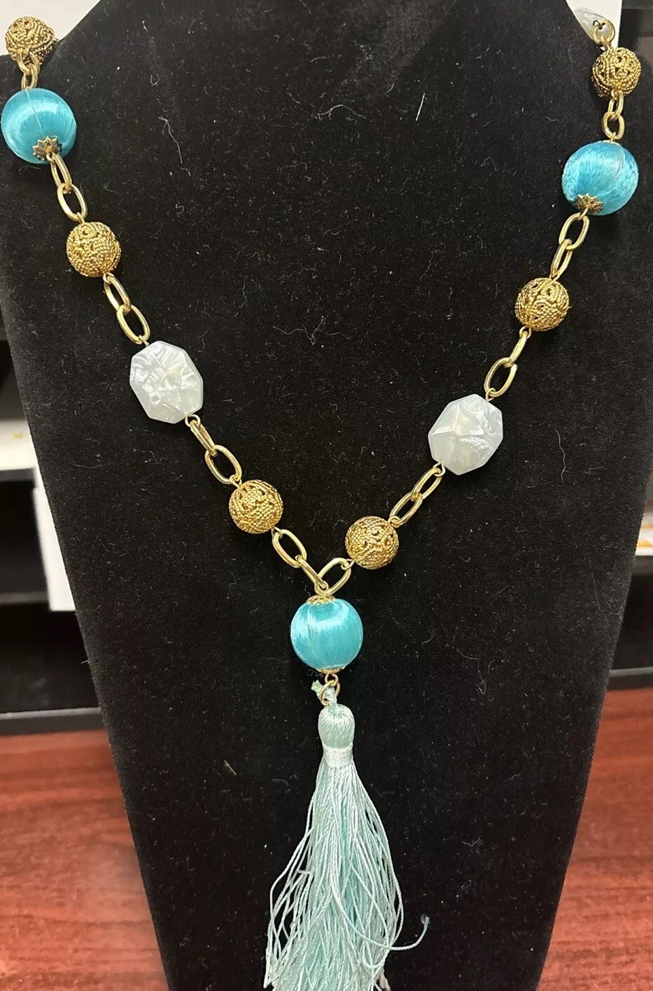 Robert Rose Beaded Necklace. Large Beads, Turquoise And Gold tone Long