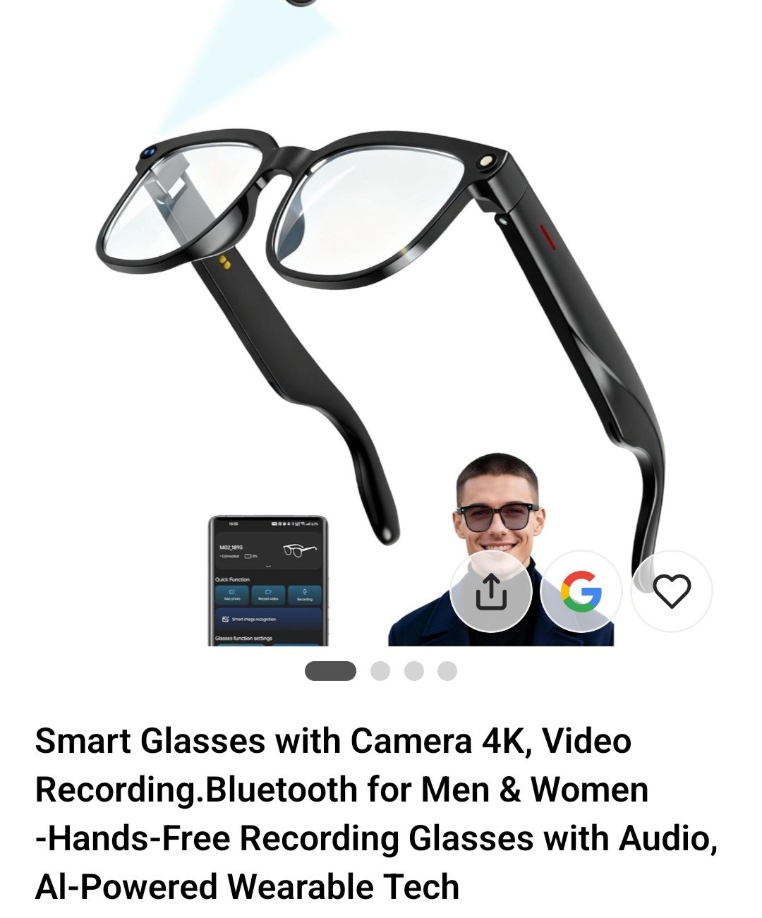 Smart Camera Glasses with 8MP Ultra-Wide Camera