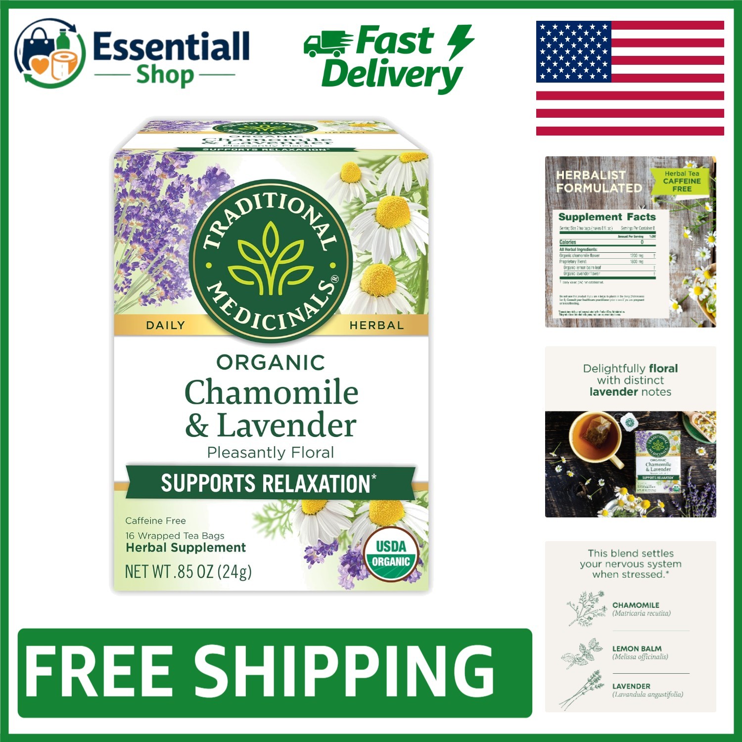 Stress Relief Organic Chamomile & Lavender Herbal Tea - 16 Compostable Bags