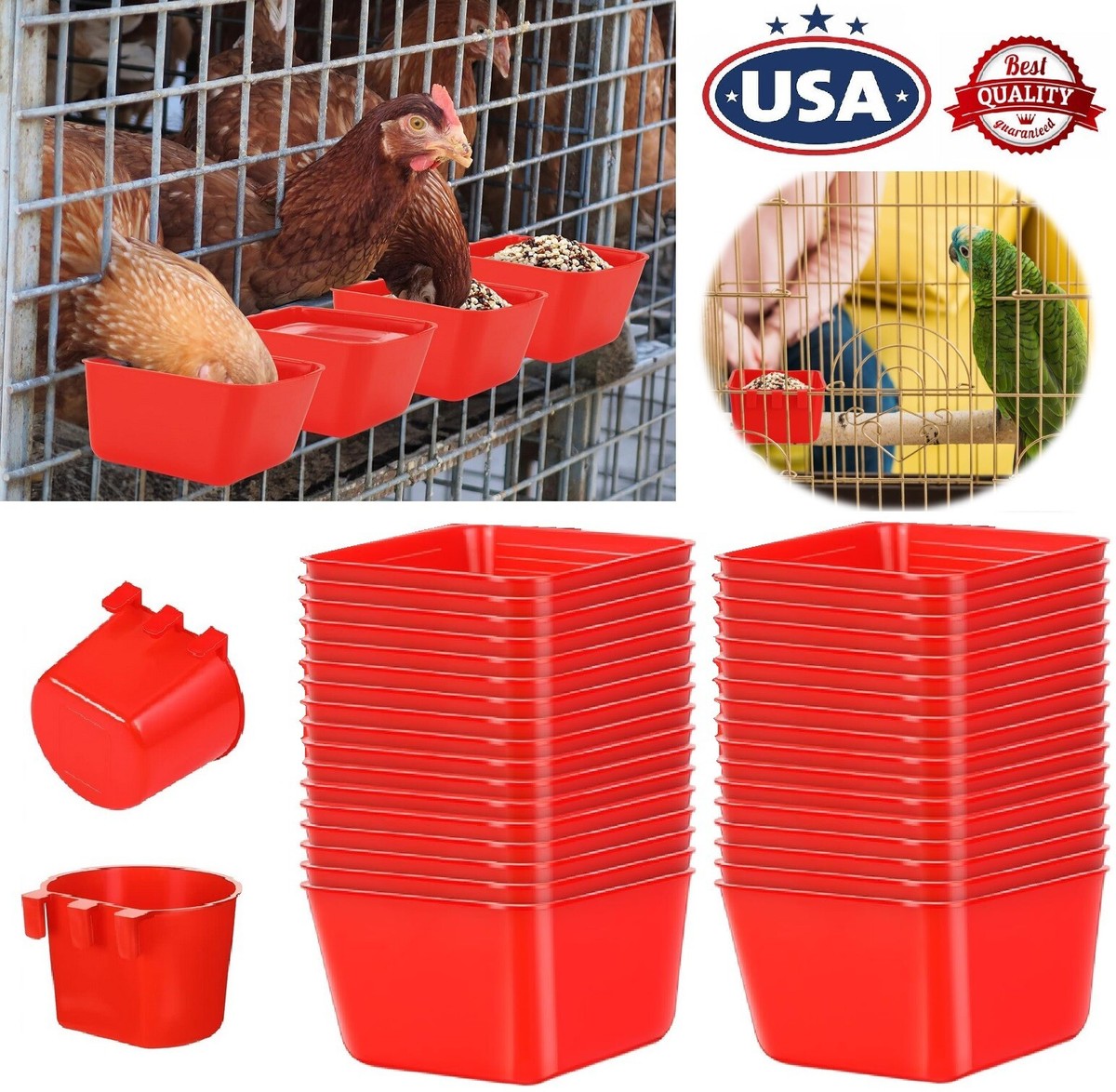 20× Chicken Poultry Hanging Water Feed Cage Cups Rabbit Bird Feeder Bowls Red US