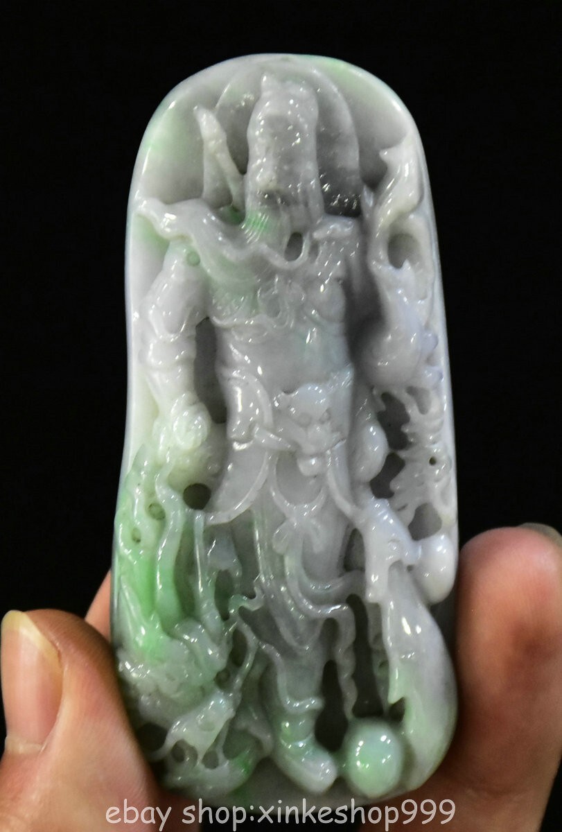 3.2" Chinese Natural Jadeite Jade Carving Fengshui Dragon Guan Gong Pendant