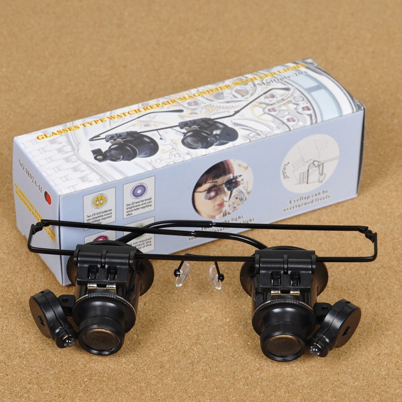 Magnification Glasses Loupe Lens Watch Repair Magnifier LED Light Double Eye 20X